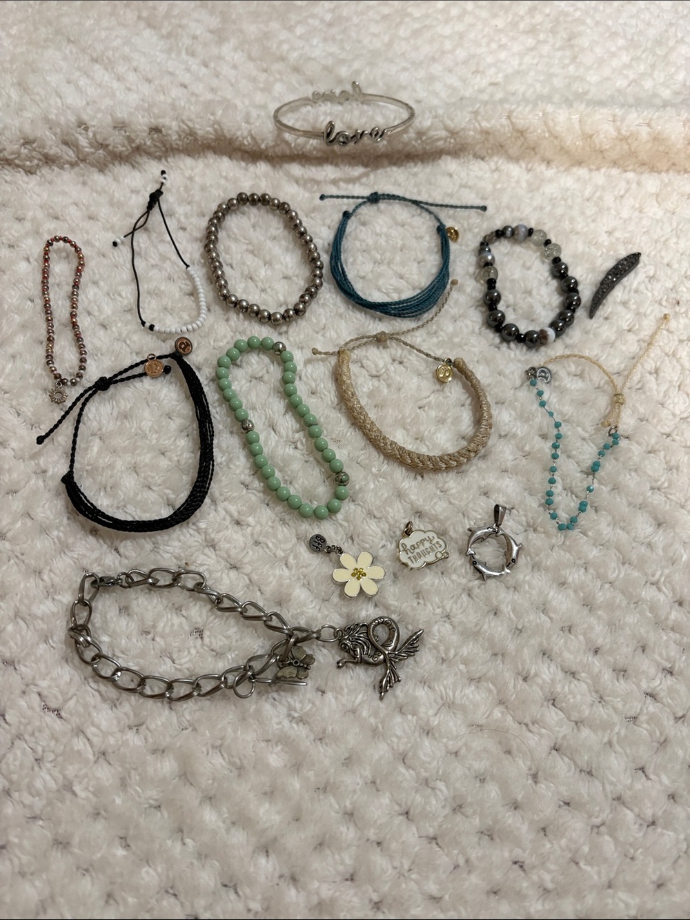 Silver Charm Chain Bracelet with Mixed Beads and Cord Bracelets